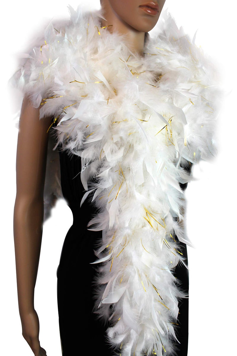 Flydreamfeathers 80 Gram, 2 yards Long Turkey Chandelle Feather Boa, Great for Party, Wedding, Halloween Costume, Christmas Tree Decoration (white w/gold tinsel color) - Image 1